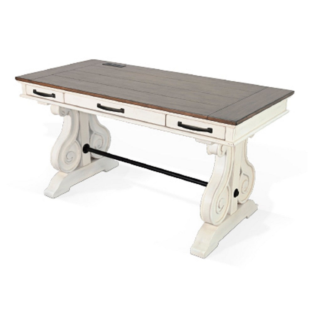 Fenil Writing Desk with Power Strip and 3 Drawer, White Mindi Mahogany - BM339882