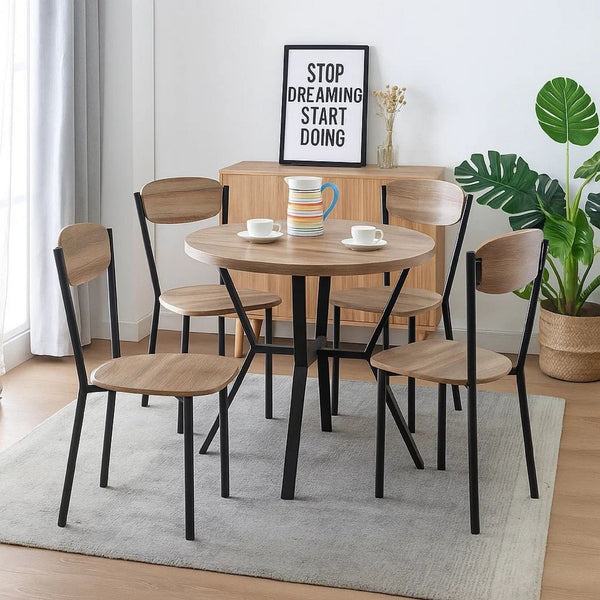 Jiho 5pc Dining Table and 4 Chairs Set, Graywash, Black Metal Base - BM340149