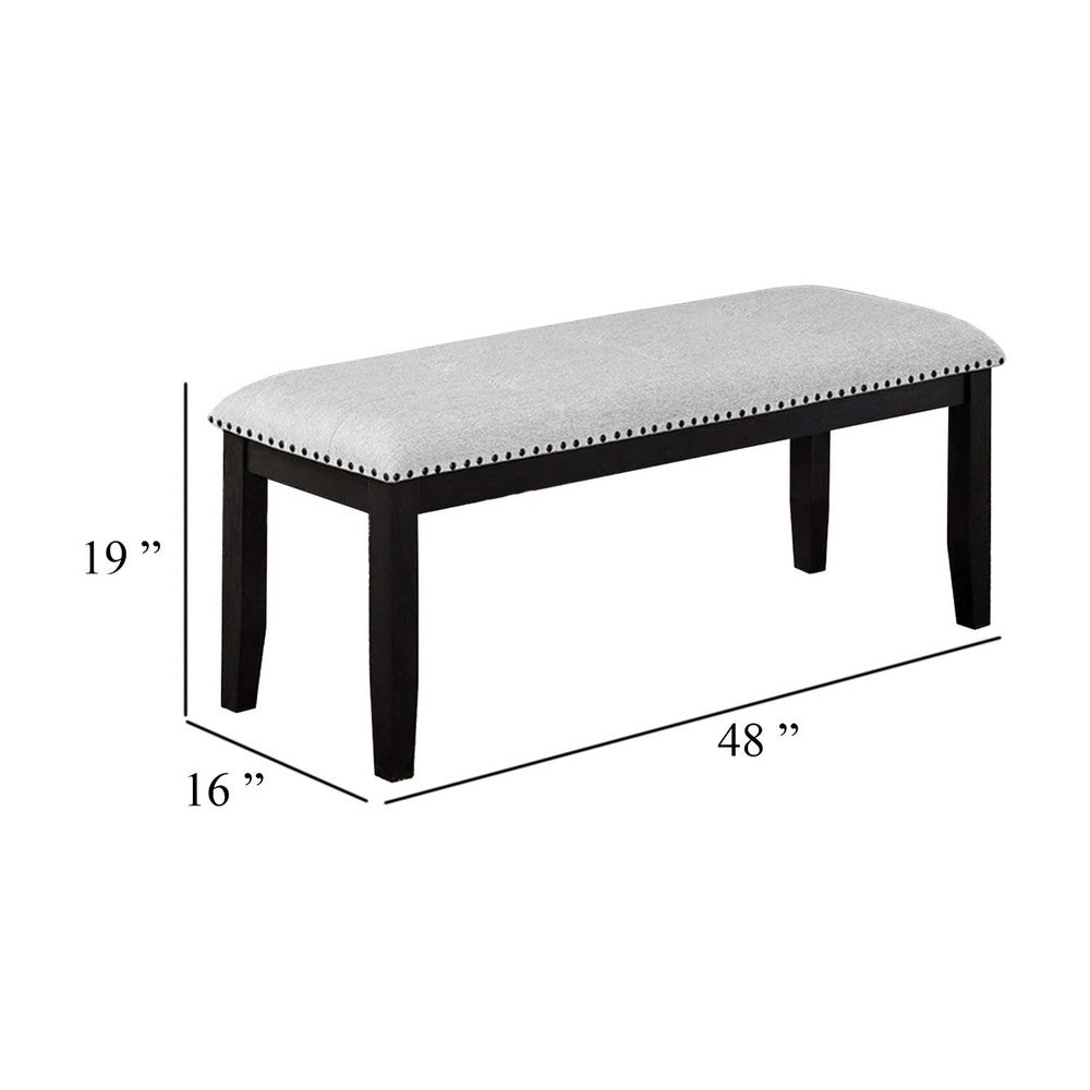 Amber Dining Bench, Gray Fabric Seat w Nailheads, Black Wood, 48 Inch - BM340153