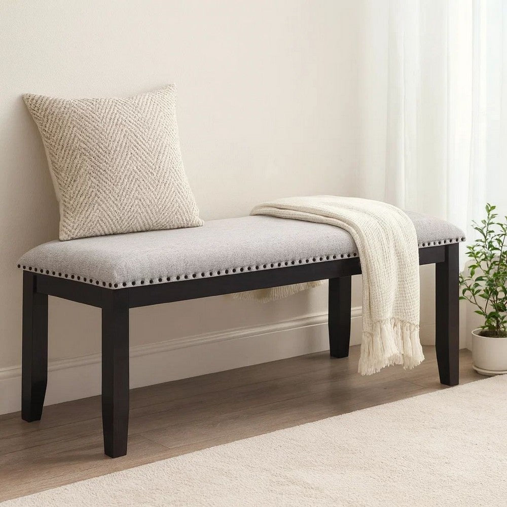 Amber Dining Bench, Gray Fabric Seat w Nailheads, Black Wood, 48 Inch - BM340153