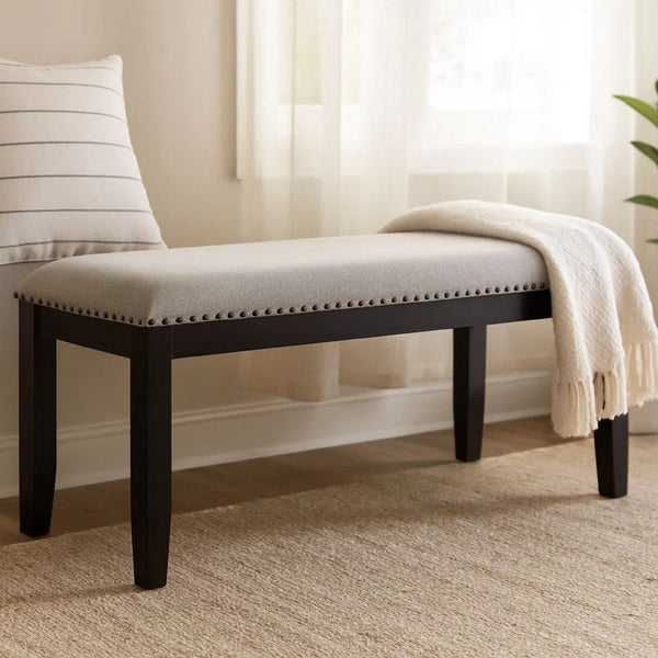 Amber Dining Bench, Gray Fabric Seat w Nailheads, Black Wood, 48 Inch - BM340153