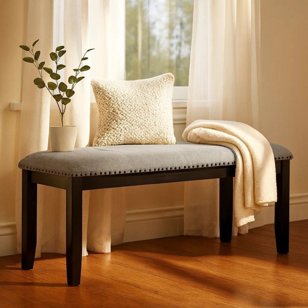 Amber Dining Bench, Gray Fabric Seat w Nailheads, Black Wood, 48 Inch - BM340153