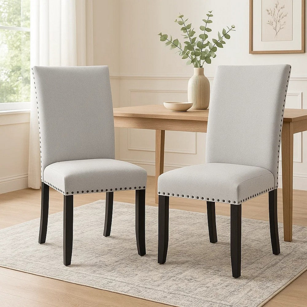 Viem Dining Chair Set of 2, Black Wood, Gray Fabric Seat, Nailhead Trim - BM340154