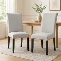 Viem Dining Chair Set of 2, Black Wood, Gray Fabric Seat, Nailhead Trim - BM340154