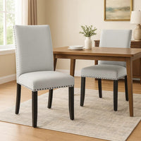 Viem Dining Chair Set of 2, Black Wood, Gray Fabric Seat, Nailhead Trim - BM340154