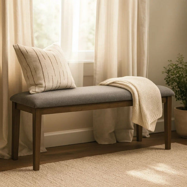 Lyoi Dining Bench, 47 Inch Gray Rectangular Fabric Seat, Brown Wood - BM340163