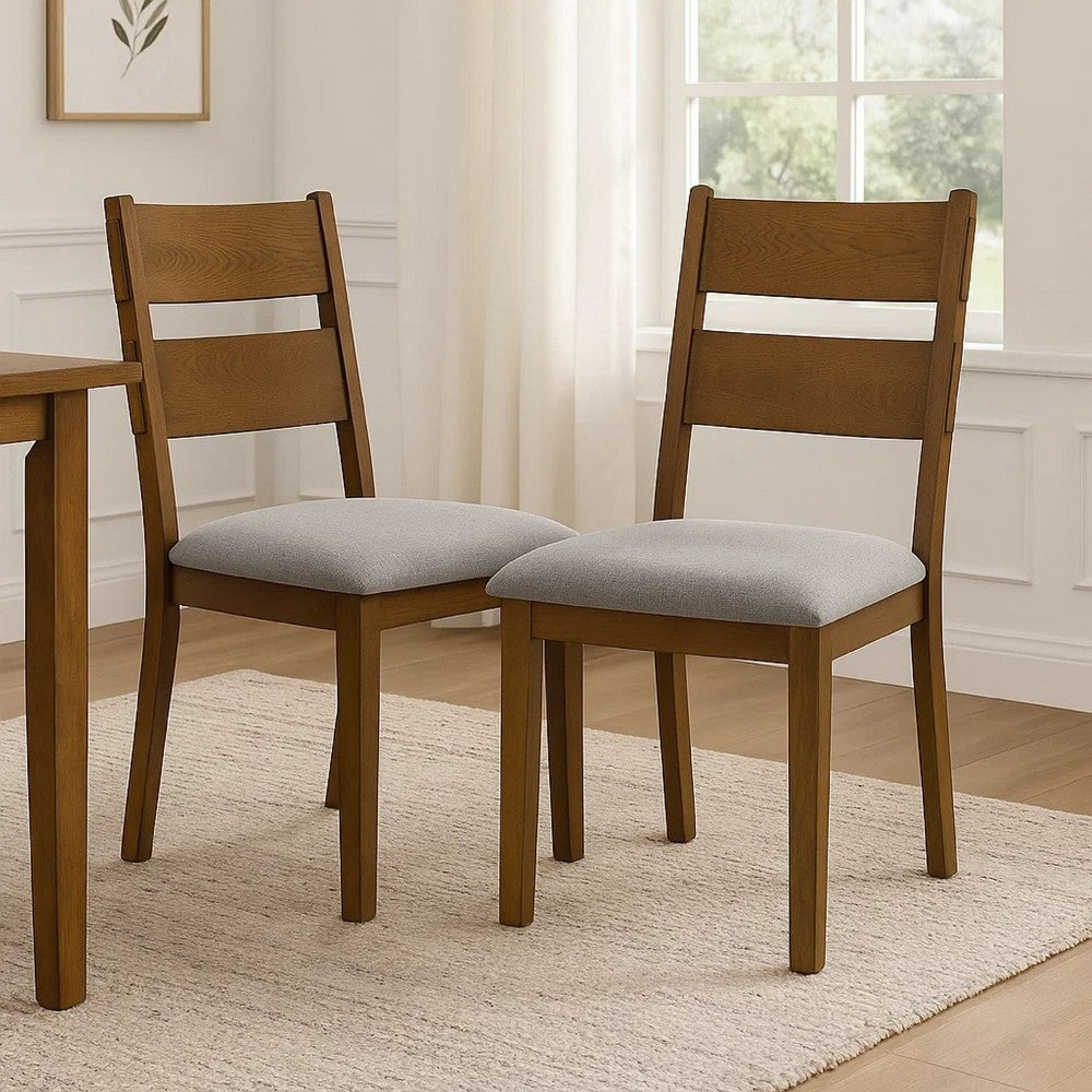 Lyoi Dining Chair Set of 2, Gray Padded Fabric Seat, Brown Wood Legs - BM340164