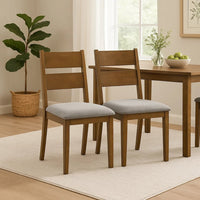 Lyoi Dining Chair Set of 2, Gray Padded Fabric Seat, Brown Wood Legs - BM340164