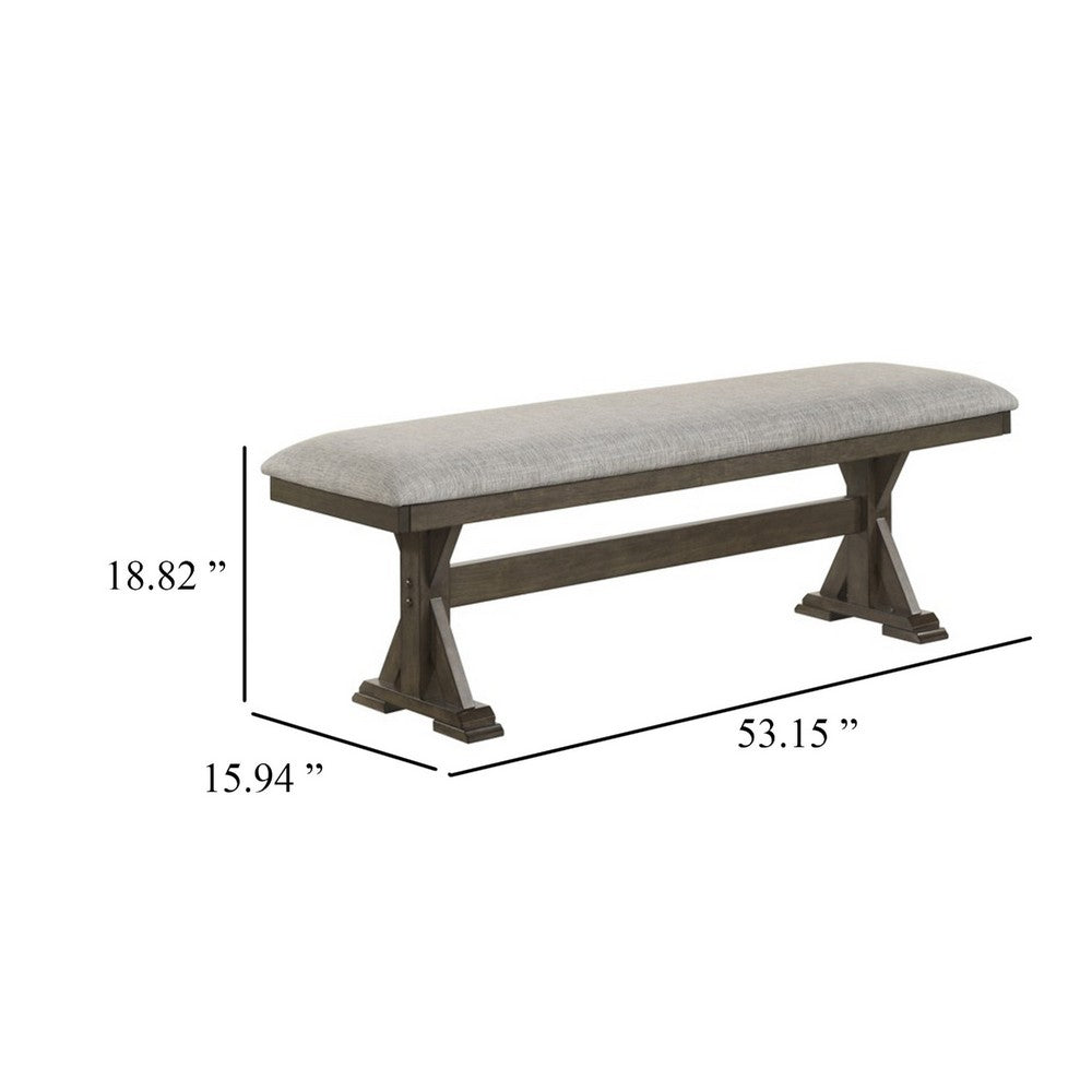Omal Dining Bench, Brown Wood, 53 Inch Rectangular Gray Fabric Seat - BM340168