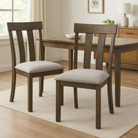 Omal Set of 2 Dining Chairs, Brown Wood Slatted Back, Gray Fabric Seat - BM340169