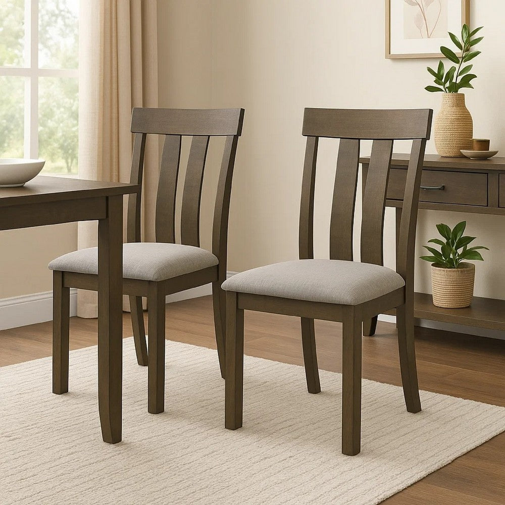 Omal Set of 2 Dining Chairs, Brown Wood Slatted Back, Gray Fabric Seat - BM340169