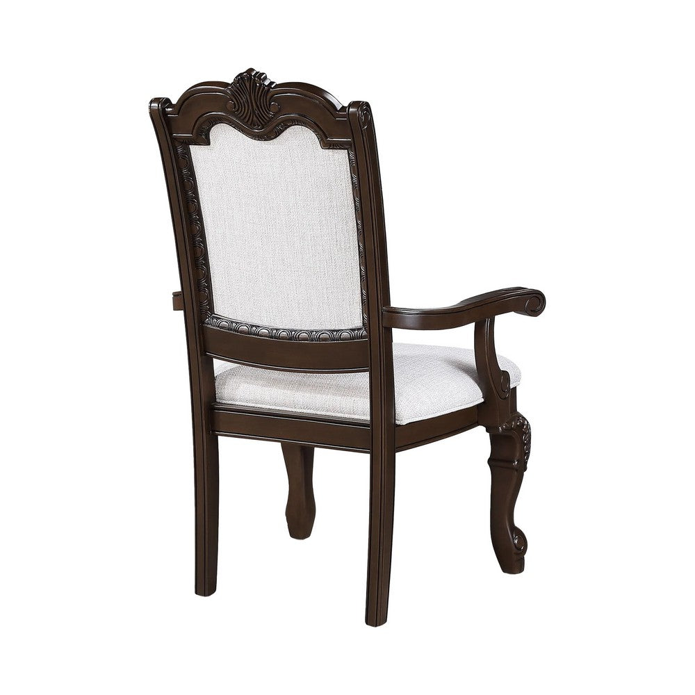 Cary Dining Armchair Set of 2, Beige Linen, Scrolled Coffee Brown Wood - BM340171