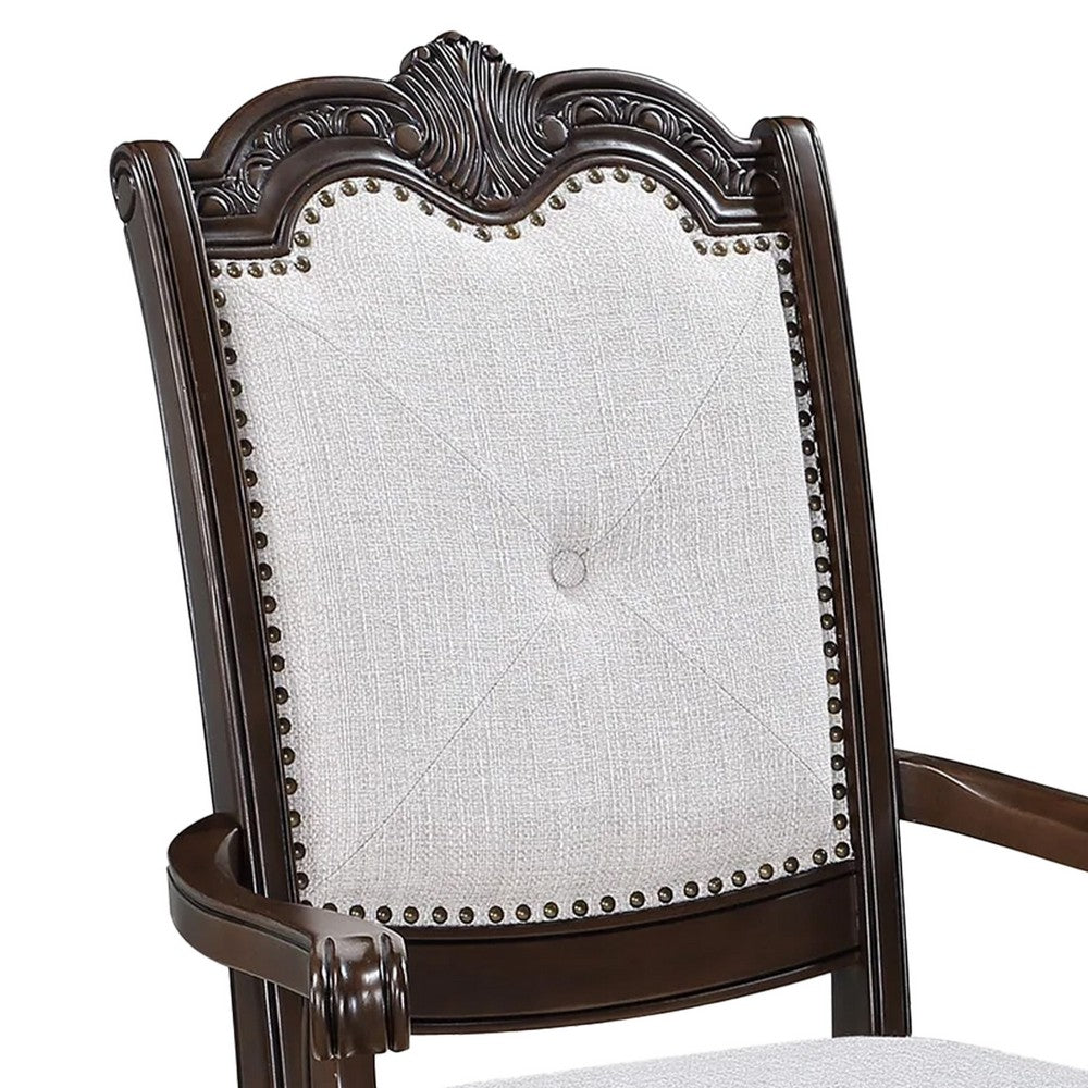 Cary Dining Armchair Set of 2, Beige Linen, Scrolled Coffee Brown Wood - BM340171