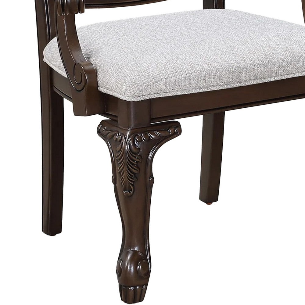 Cary Dining Armchair Set of 2, Beige Linen, Scrolled Coffee Brown Wood - BM340171