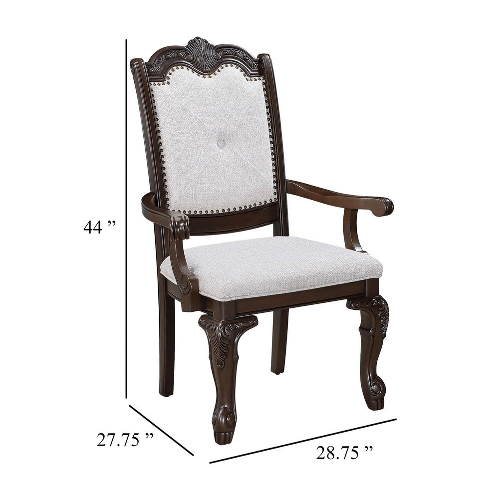 Cary Dining Armchair Set of 2, Beige Linen, Scrolled Coffee Brown Wood - BM340171
