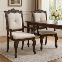 Cary Dining Armchair Set of 2, Beige Linen, Scrolled Coffee Brown Wood - BM340171
