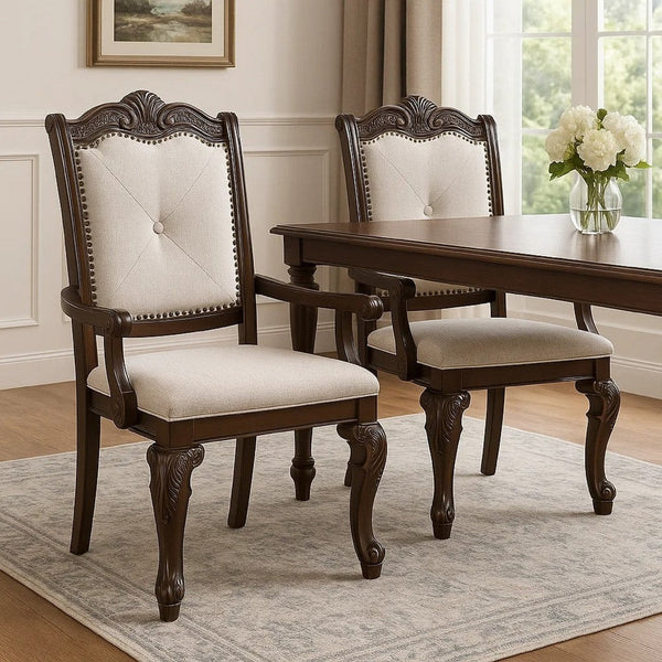 Cary Dining Armchair Set of 2, Beige Linen, Scrolled Coffee Brown Wood - BM340171