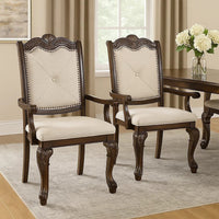 Cary Dining Armchair Set of 2, Beige Linen, Scrolled Coffee Brown Wood - BM340171