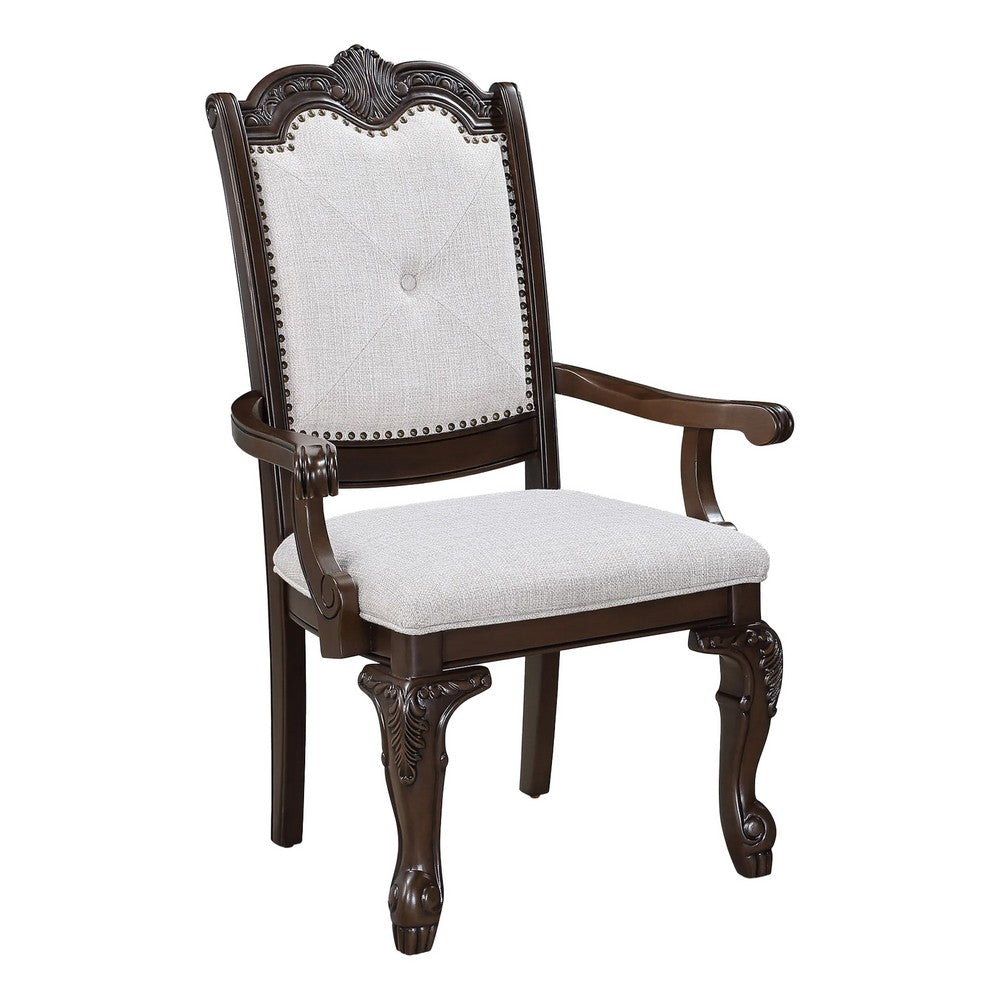 Cary Dining Armchair Set of 2, Beige Linen, Scrolled Coffee Brown Wood - BM340171