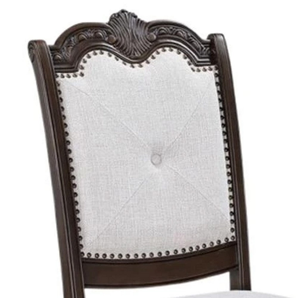 Cary Side Dining Chair Set of 2, Beige Linen, Scrolled Coffee Brown Wood - BM340172