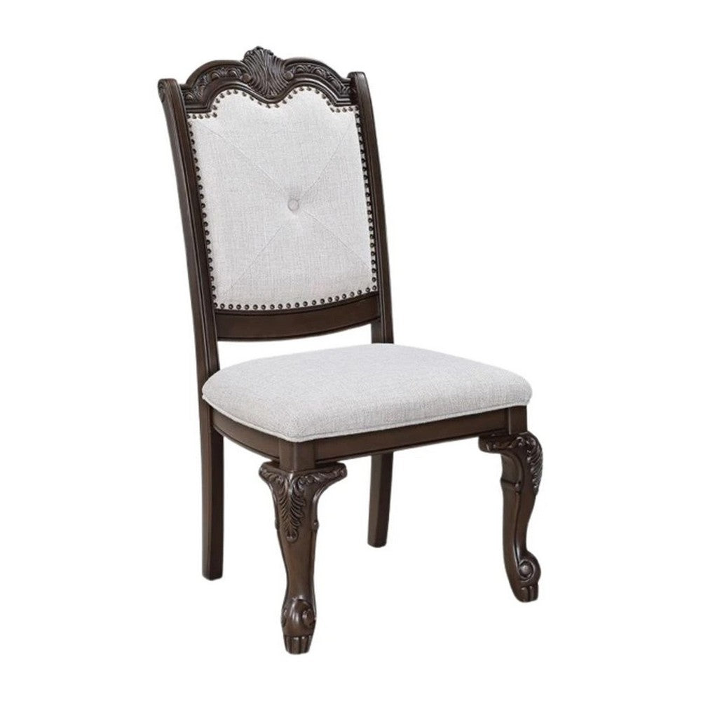 Cary Side Dining Chair Set of 2, Beige Linen, Scrolled Coffee Brown Wood - BM340172