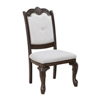 Cary Side Dining Chair Set of 2, Beige Linen, Scrolled Coffee Brown Wood - BM340172