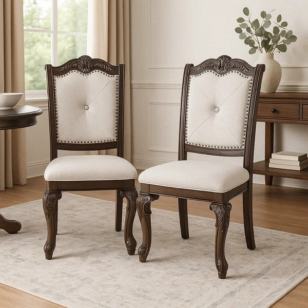 Cary Side Dining Chair Set of 2, Beige Linen, Scrolled Coffee Brown Wood - BM340172