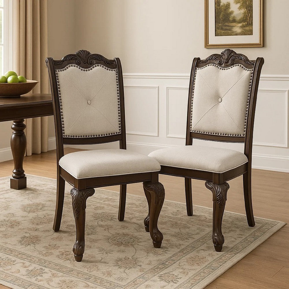 Cary Side Dining Chair Set of 2, Beige Linen, Scrolled Coffee Brown Wood - BM340172
