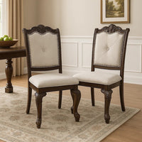 Cary Side Dining Chair Set of 2, Beige Linen, Scrolled Coffee Brown Wood - BM340172