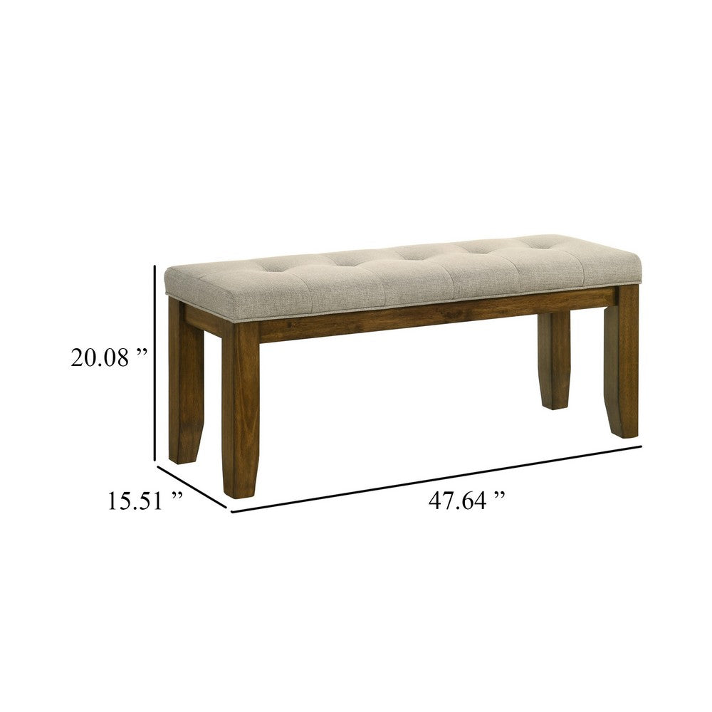 Liyo Dining Bench, Tufted Beige Upholstery Seat, Brown Wood, 48 Inch - BM340173