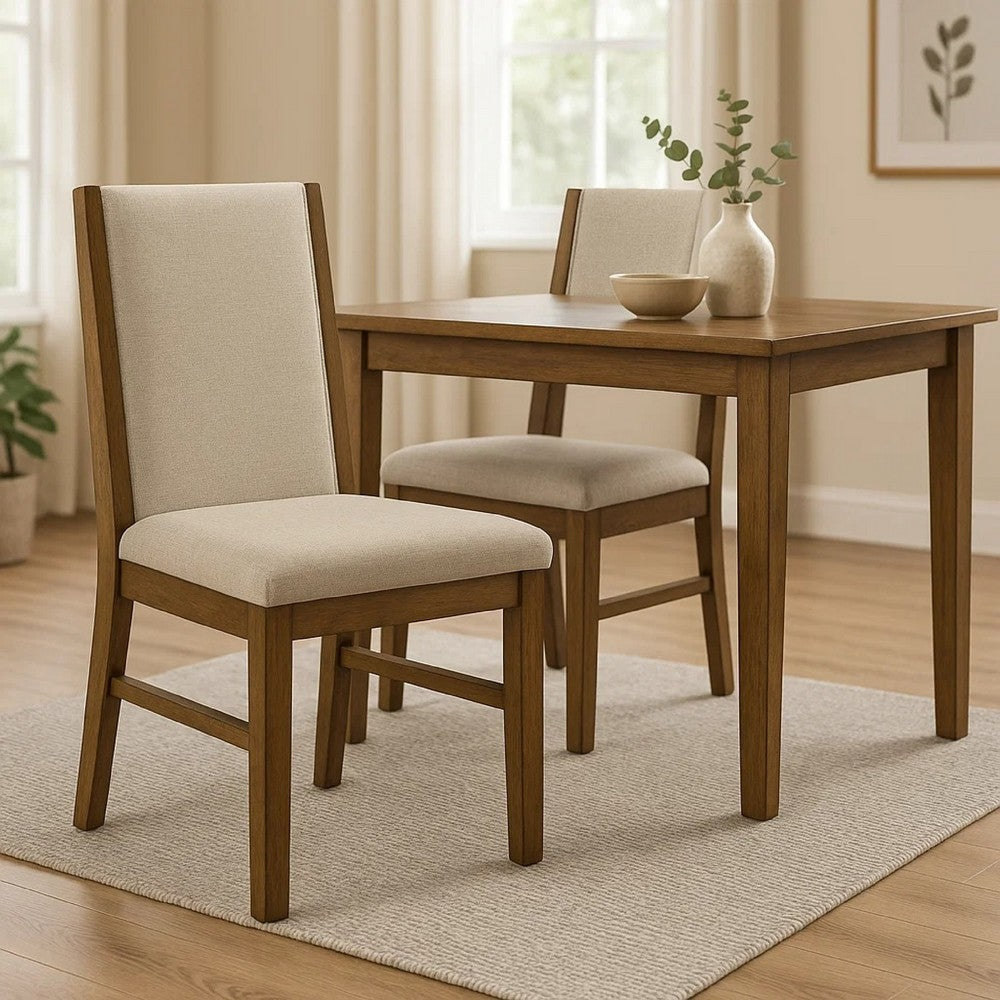 Liyo Set of 2 Side Dining Chairs, Brown Wood Frame, Beige Fabric Seating - BM340174