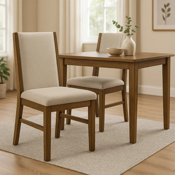 Liyo Set of 2 Side Dining Chairs, Brown Wood Frame, Beige Fabric Seating - BM340174