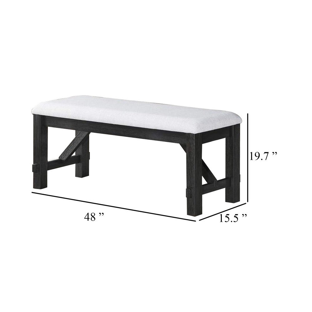 Riby 48 Inch Dining Bench, Black Wood Body, Gray Linen Padded Seat - BM340176