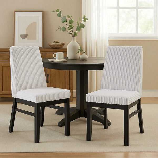 Haly Dining Chair Set of 2, White Fabric Padded Seat, Black Wood Legs - BM340179