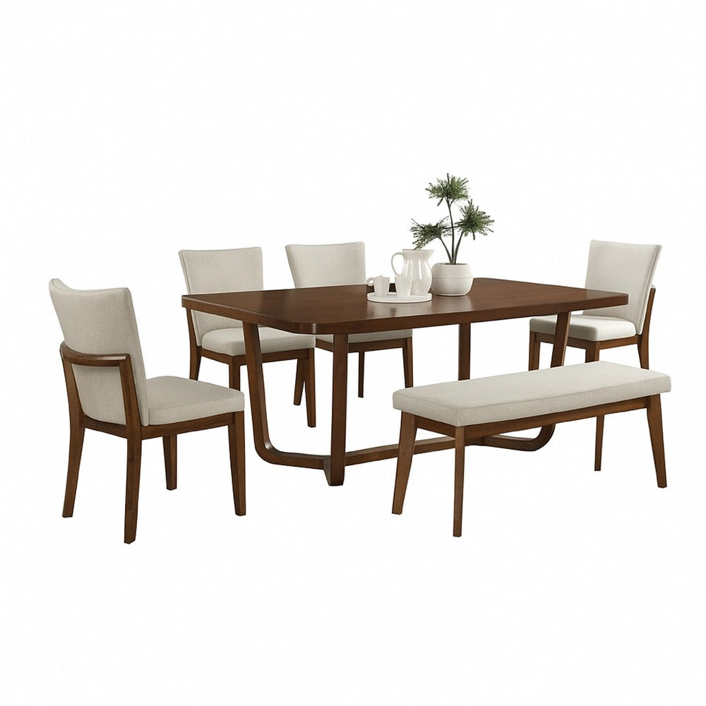 Lere Dining Bench, Beige Fabric, 45 Inch Antique Style Brown Wood - BM340198