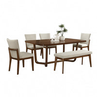 Lere Dining Bench, Beige Fabric, 45 Inch Antique Style Brown Wood - BM340198