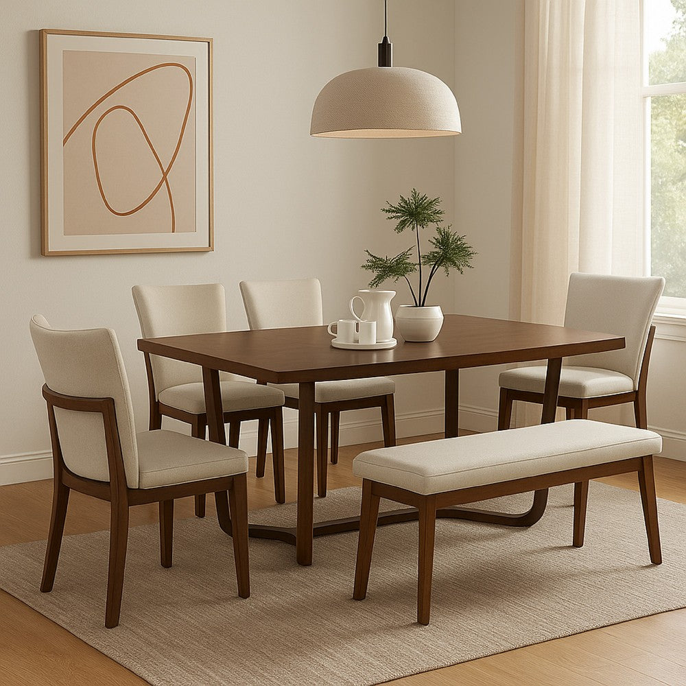 Lere Dining Chair Set of 2, Beige Fabric, Antique Style Brown Wood - BM340199