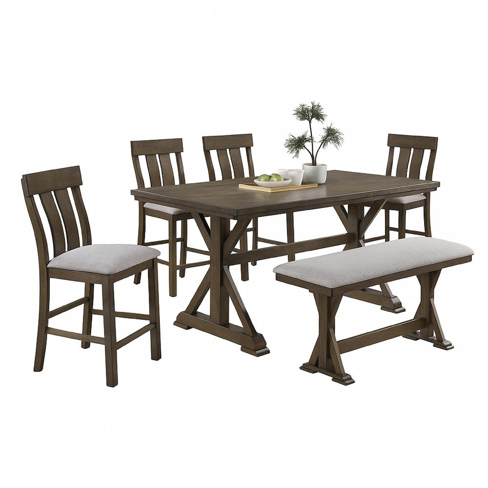 Omal Counter Height Dining Bench, Brown-Khaki Wood, Gray Fabric, 48 Inch - BM340217