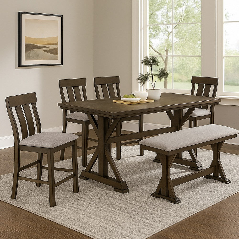 Omal Counter Height Dining Bench, Brown-Khaki Wood, Gray Fabric, 48 Inch - BM340217