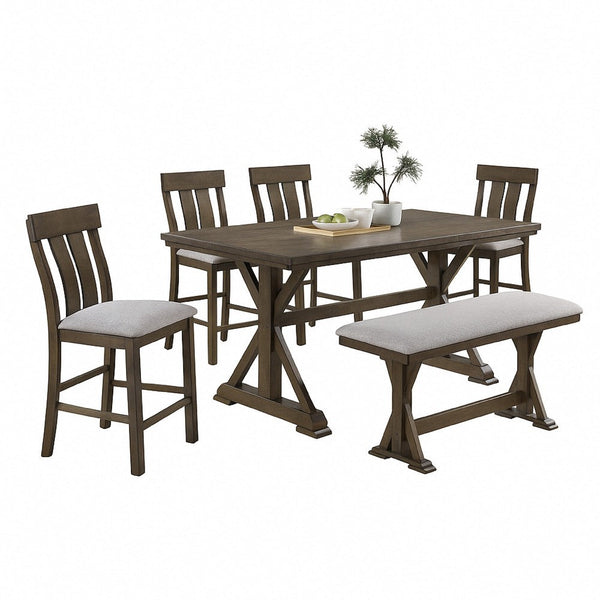 Omal Counter Height Dining Chair Set of 2, Brown Slatted Back, Gray Fabric - BM340218