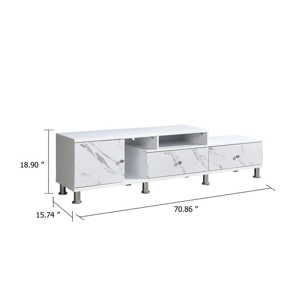 Hopo TV Stand Media Cabinet, 2 Drawers, Cabinet, White Faux Marble, 71 Inch - BM340221
