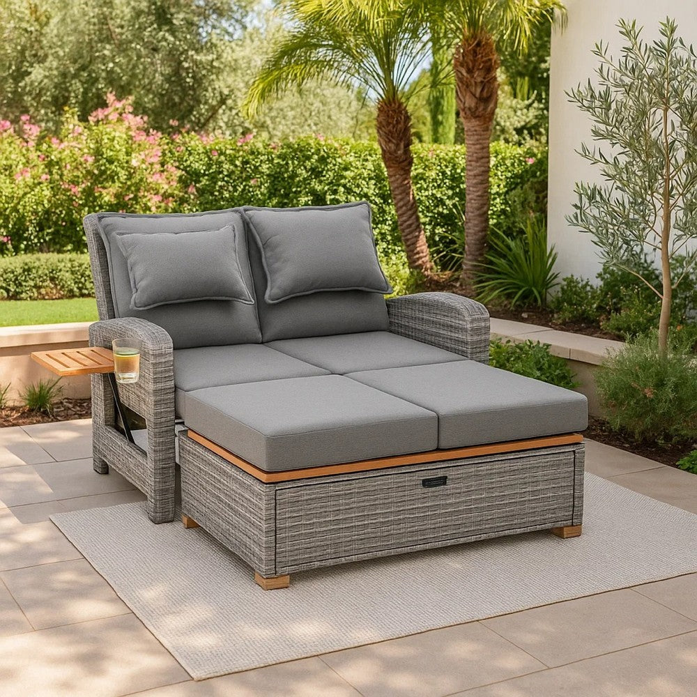 Timy Outdoor Reclining Chaise Lounge Set w Storage Bench, Pillows, Gray - BM340338