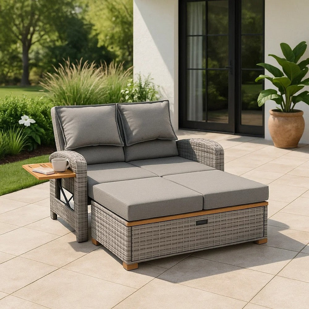 Timy Outdoor Reclining Chaise Lounge Set w Storage Bench, Pillows, Gray - BM340338