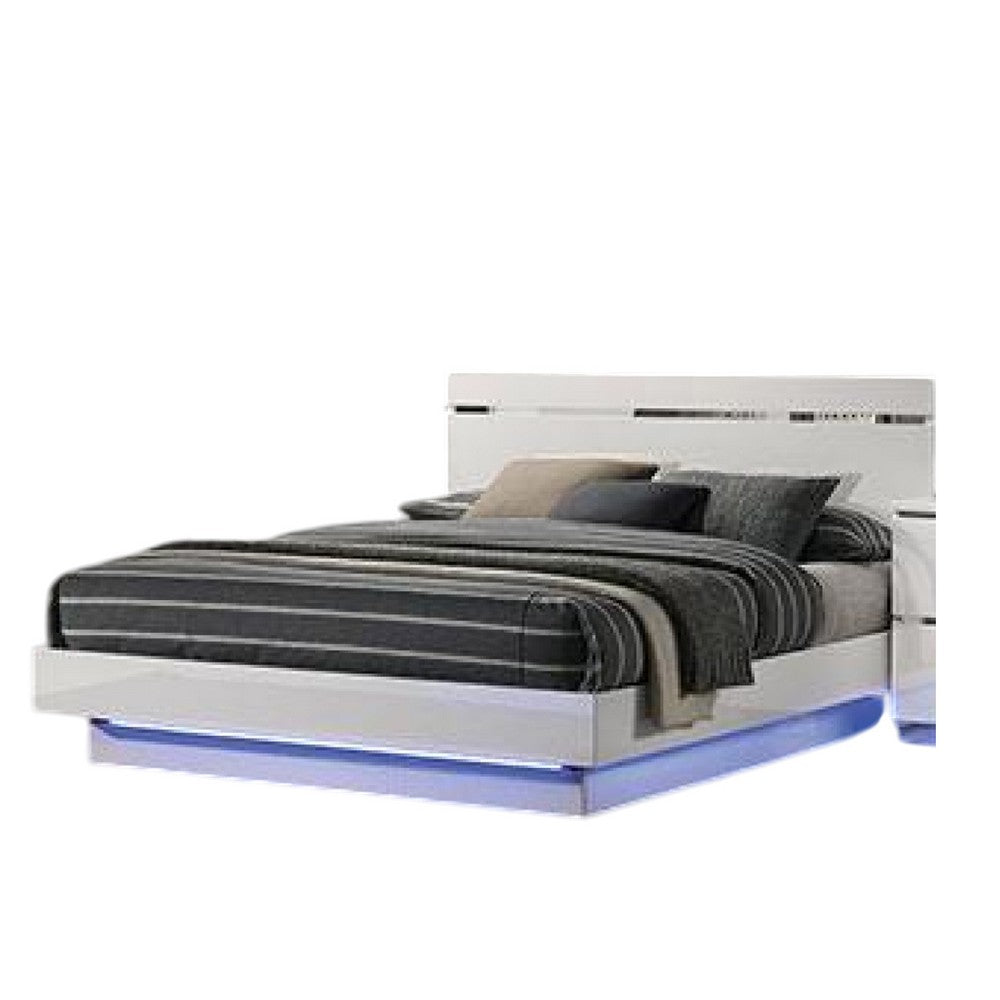 Pero King Size Bed w Silver Trimmed Headboard, LED Footboard, White  - BM340347