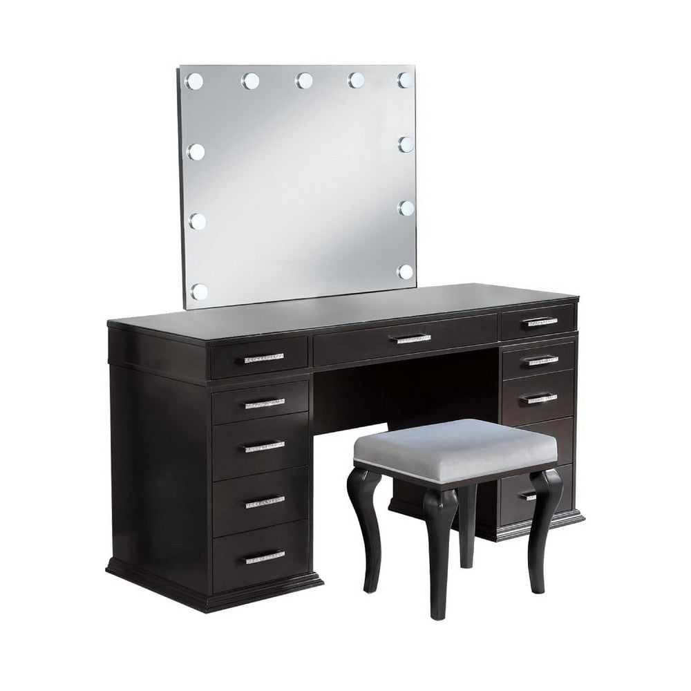 Vaz 3pc LED Mirror Vanity Table Set w Padded Stool, Glass Top, Gray - BM340350