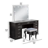 Vaz 3pc LED Mirror Vanity Table Set w Padded Stool, Glass Top, Gray - BM340350