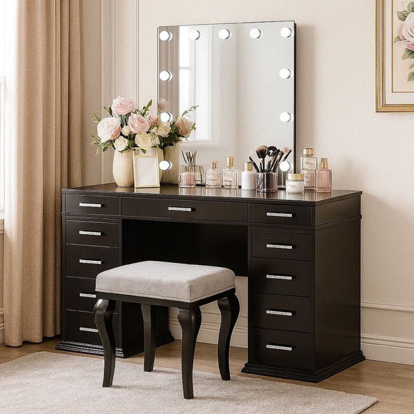 Vaz 3pc LED Mirror Vanity Table Set w Padded Stool, Glass Top, Gray - BM340350