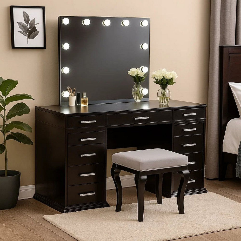 Vaz 3pc LED Mirror Vanity Table Set w Padded Stool, Glass Top, Gray - BM340350