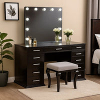 Vaz 3pc LED Mirror Vanity Table Set w Padded Stool, Glass Top, Gray - BM340350