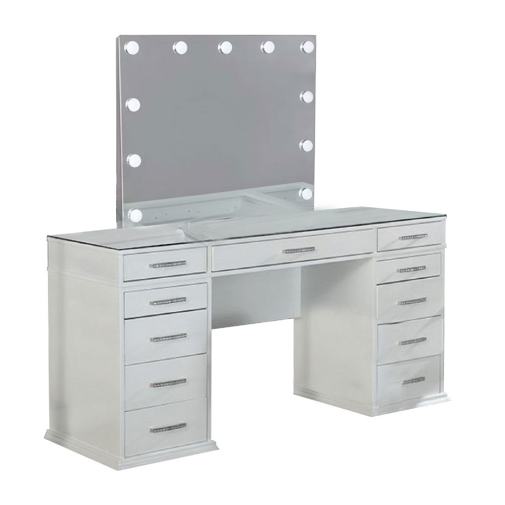 Vaz 3pc LED Mirror Vanity Table Set, Glass Top, Padded Stool, White - BM340351